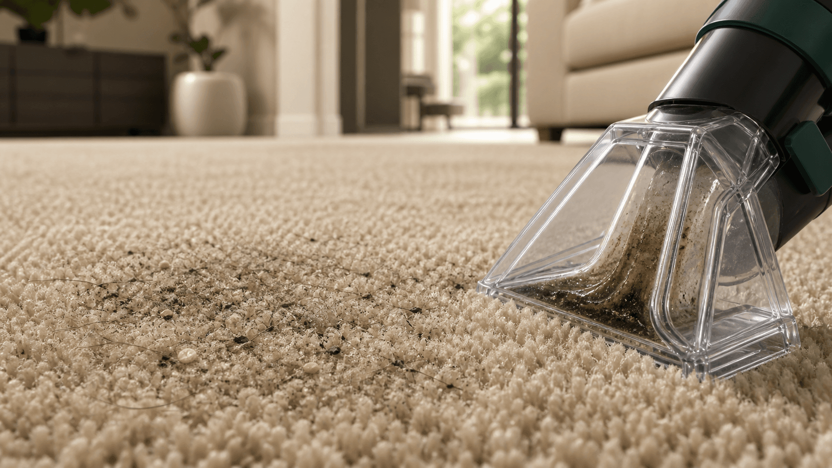 Illustrative macro view of visible dust, crumbs, hair, and soil embedded in carpet fibers before extraction