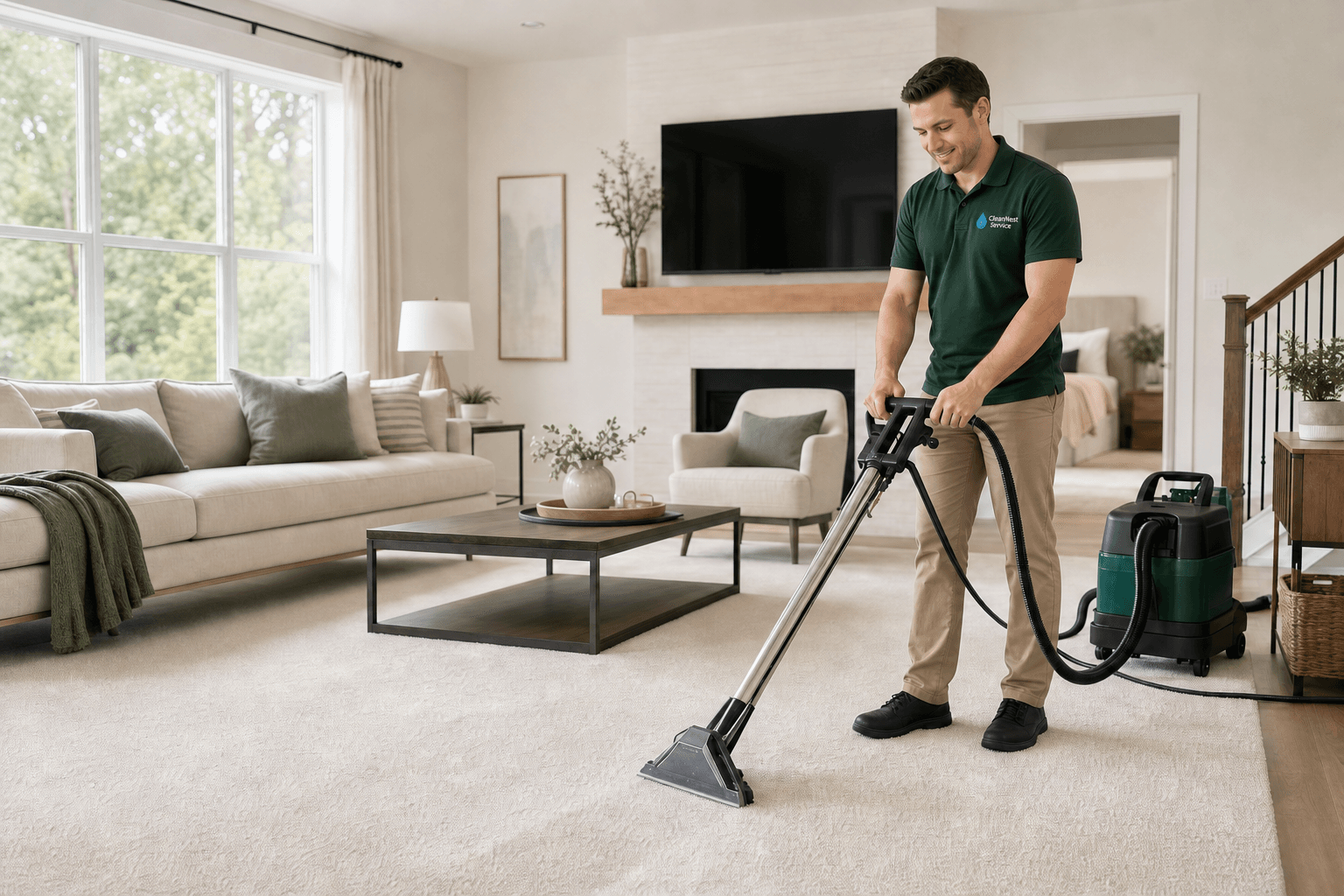 CleanNest Service professional in a branded uniform cleaning carpet in a bright living room
